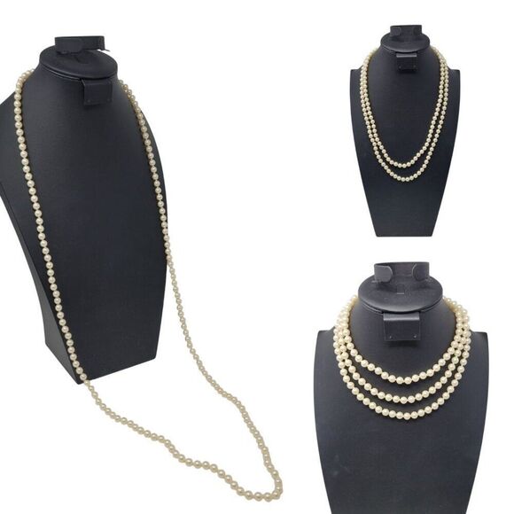 Vtg‎ Flapper Hand Knotted Faux Pearl Necklace Glass Ivory Classic Elegant Bridal - Picture 1 of 10